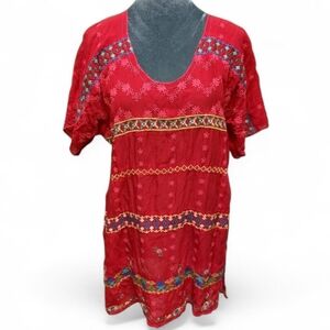 325 Johnny Was Red Embroidered Short Sleeve Tunic Top